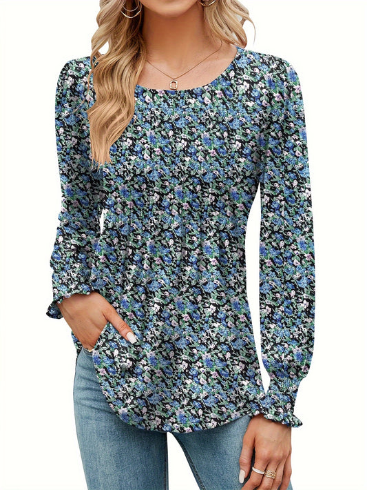 Women's Floral Graphic T-Shirt - Round Neck Long Sleeve – Blue option – main product image