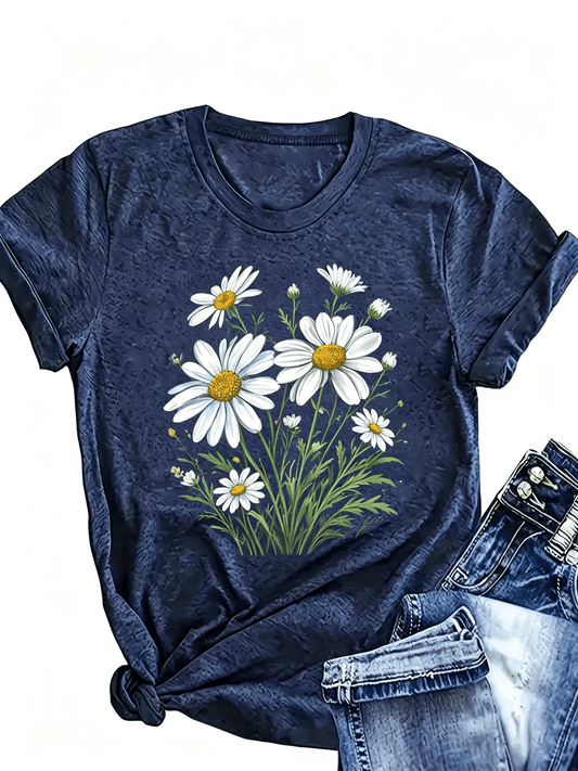 Women's Floral Graphic T-Shirt - Round Neck Short Sleeve – Navy Color – Navy option – main product image