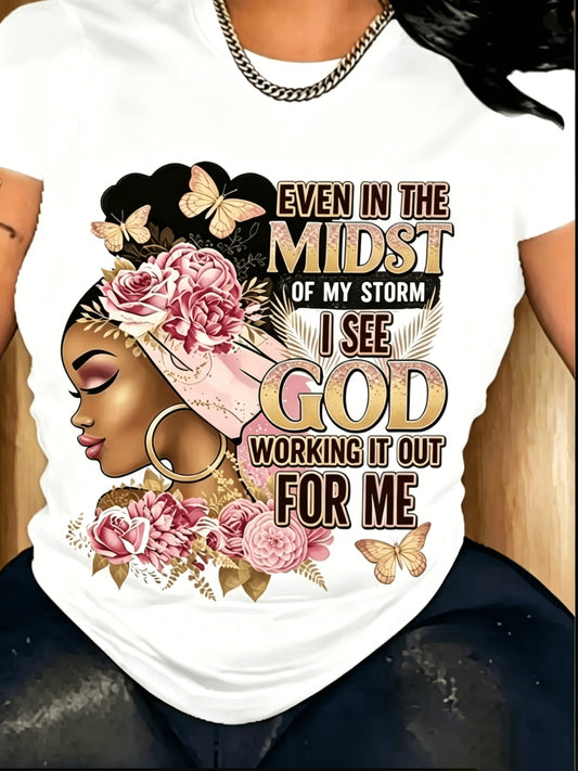 Women's Floral Graphic T-Shirt - Round Neck Short Sleeve – White – main product image