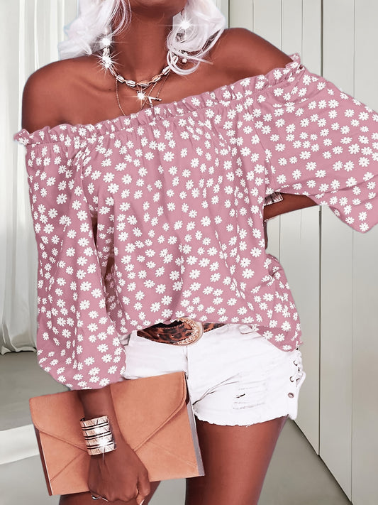 Women's Floral Print Blouse - Off-Shoulder Three-Quarter Sleeve – Purple option – main product image