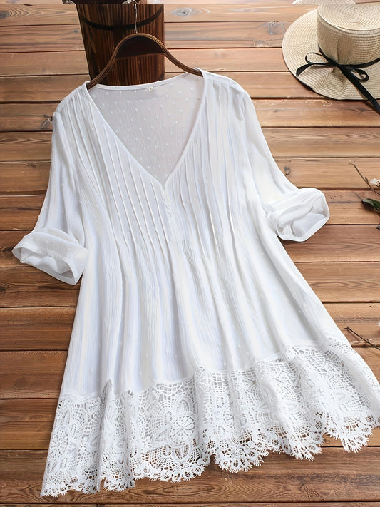 Women's Floral Print Blouse - V-Neck Long Sleeve – White / Pink – White option – main product image