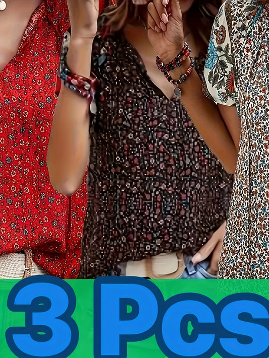Women's Floral Print Blouse - V-Neck Short Sleeve – Sizes 1XL–5XL / 4-Variant Selection – main product image