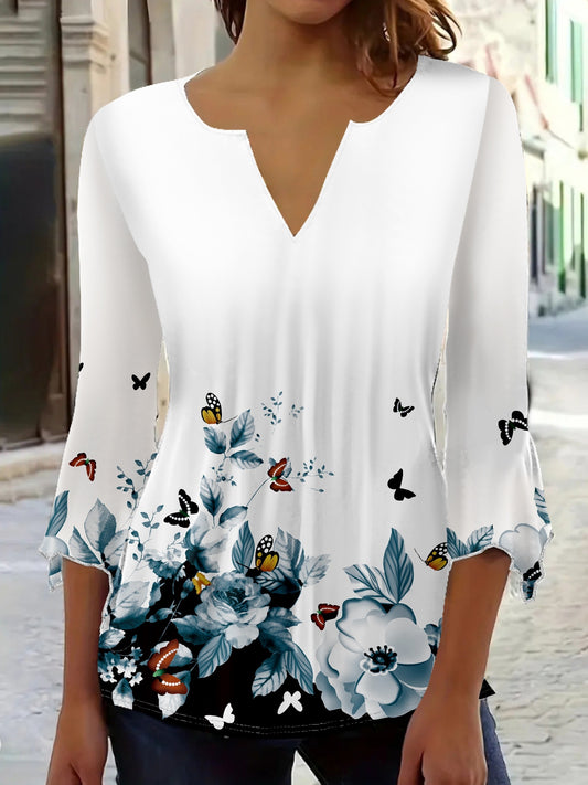 Women's Floral Print Blouse - V-Neck Short Sleeve – White – White option – main product image