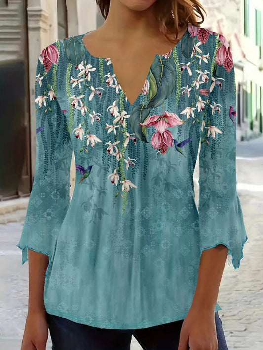 Women's Floral Print Blouse - V-Neck – Sky Blue – Blue option – main product image