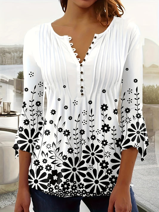 Women's Floral Print Blouse - V-Neck Three-Quarter Sleeve – White option – main product image