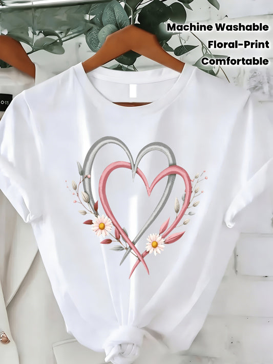 Women's Floral Print T-Shirt - Crew Neck Short Sleeve – White option – main product image