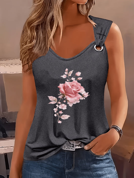 Women's Floral Print Tank Top - Classic Neck Sleeveless – Gray option – main product image