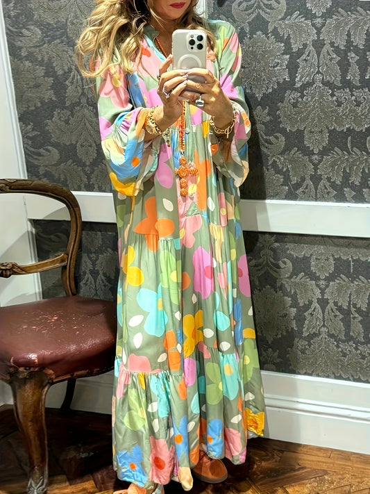Women's Floral V-Neck Maxi A-Line Dress - Ruffle – Green – Green option – main product image