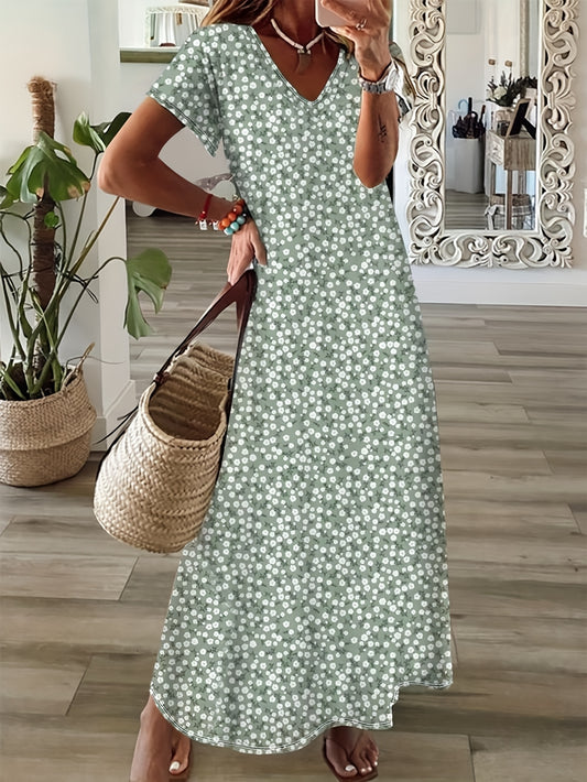 Women's Floral V-Neck Maxi Casual Dress – Green option – main product image