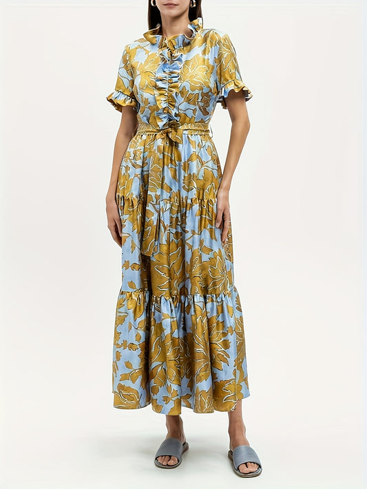 Women's Floral V-Neck Maxi Casual Dress - Ruffle – Blue option – main product image
