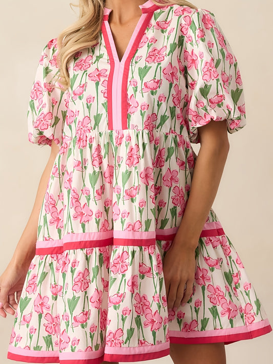 Women's Floral V-Neck Mini Vacation Dress - Short Sleeve – main product image