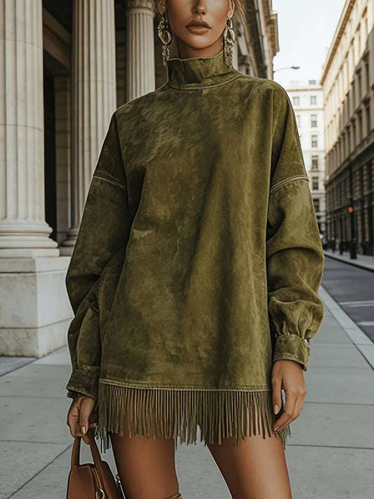 Women's Fringed Midi Dress - High-Neck Pleated Style – main product image