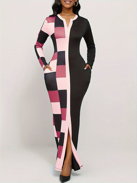 Women's Geometric Casual Dress - Long Sleeve – Pink option – main product image