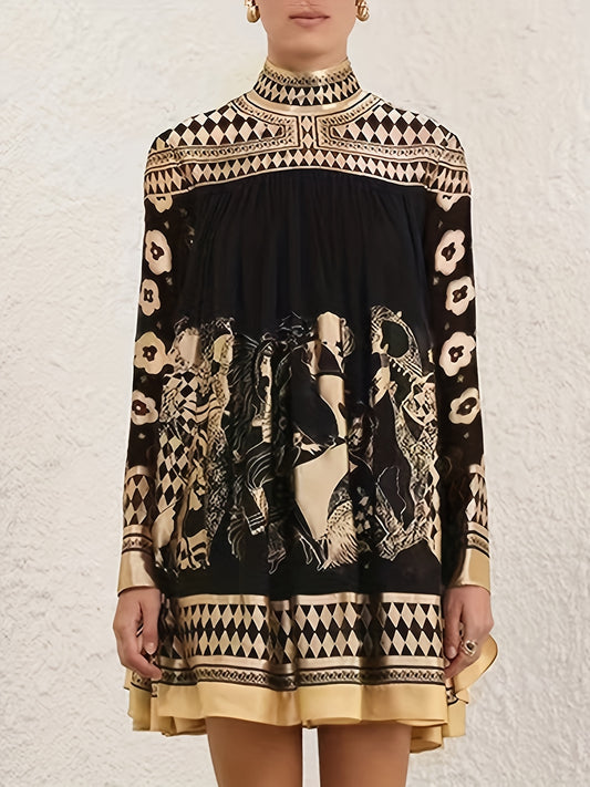 Women's Geometric Mini A-Line Dress - Long Sleeve – Black option – main product image
