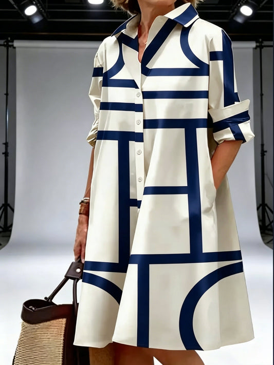 Women's Geometric V-Neck Shirt Dress - Pocket – main product image