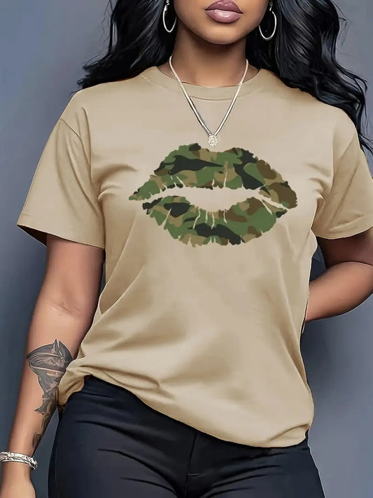 Women's Graphic Print T-Shirt - Round Neck Short Sleeve – Apricot / 4-Variant Selection – Apricot option – main product image
