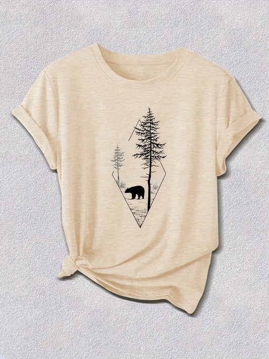 Women's Graphic Print T-Shirt - Round Neck Short Sleeve – Blue Navy / Apricot – Blue option – main product image