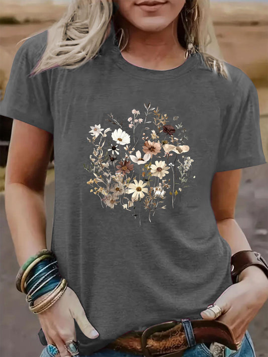 Women's Graphic Print T-Shirt - Round Neck Short Sleeve – Dark Gray / Apricot – Gray option – main product image