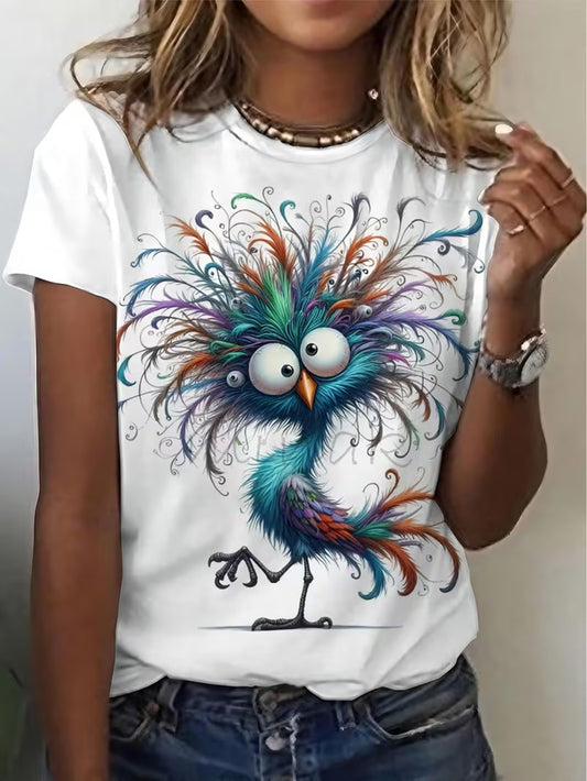 Women's Graphic Print T-Shirt - Round Neck Short Sleeve – White Knit Printed – White option – main product image