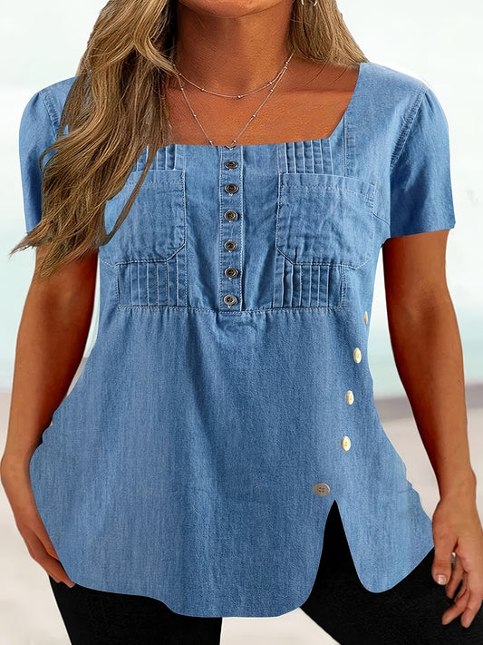 Women's Graphic Print T-Shirt - Square Neck Short Sleeve – Blue option – main product image