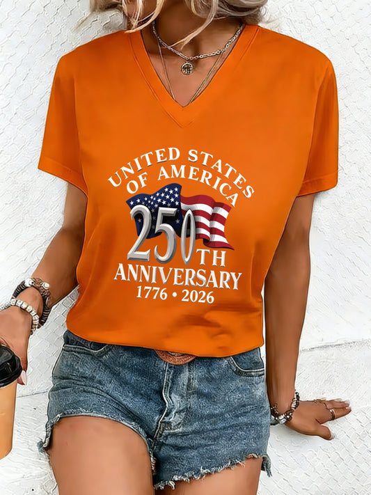 Women's Graphic Print T-Shirt - V-Neck Short Sleeve – Red / Blue – Red option – main product image