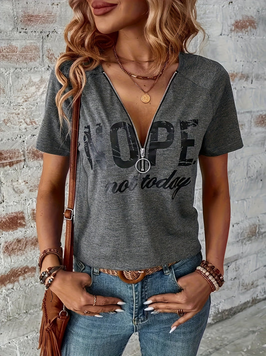 Women's Graphic Print T-Shirt - V-Neck Short Sleeve Zip Detail – Grey option – main product image
