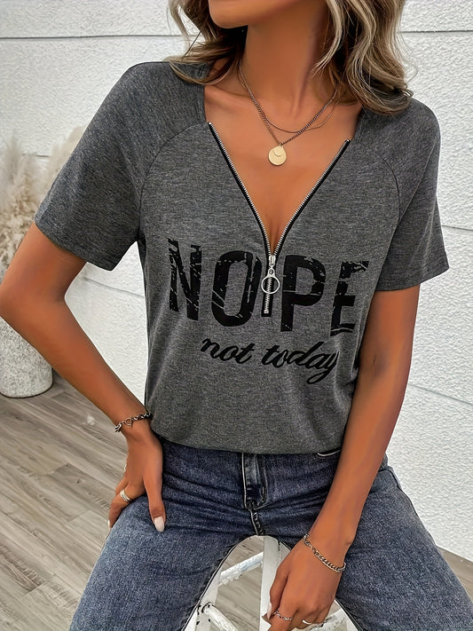 Women's Graphic Print T-Shirt - V-Neck Short Sleeve Zip Detail Grey Design – Grey option – main product image
