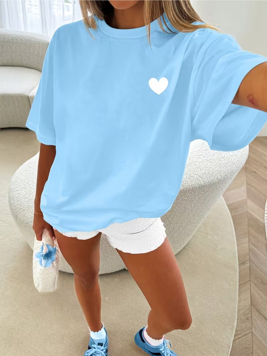 Women's Heart Print T-Shirt - Round Neck Short Sleeve – Blue option – main product image