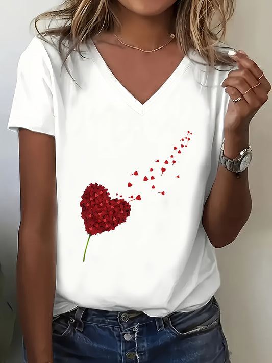 Women's Heart Print T-Shirt - V-Neck Short Sleeve Dandelion – White option – main product image