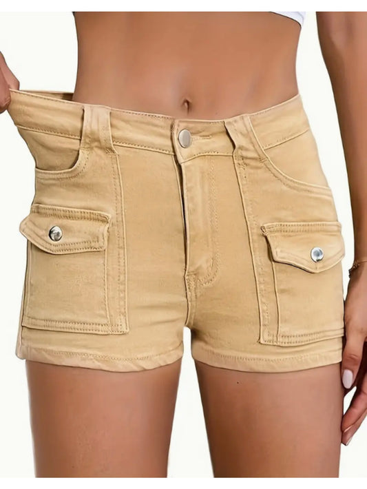 Women's High-Waist Denim Shorts - Khaki 1 Pockets – Khaki option – main product image