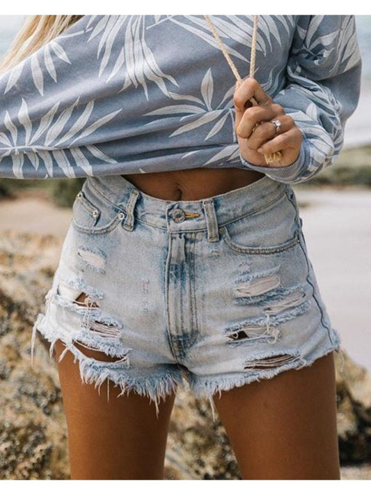Women's High-Waist Denim Shorts - Light Blue Distressed – Blue option – main product image