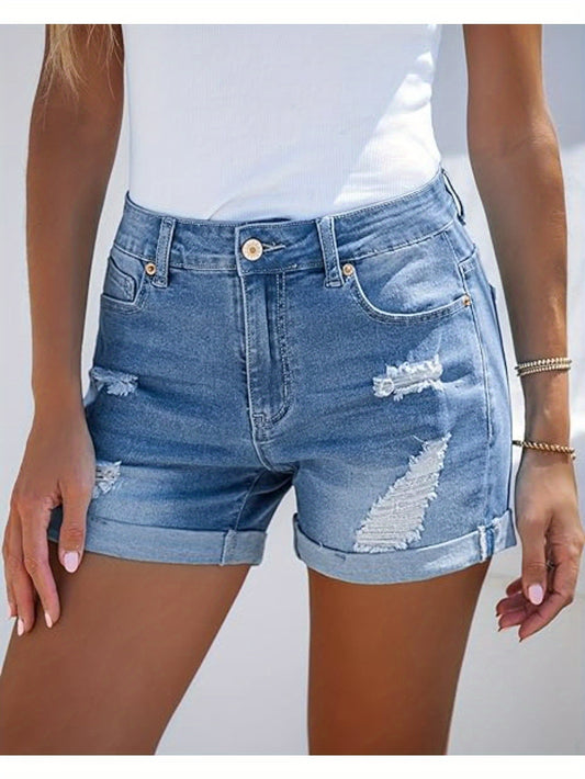Women's High-Waist Denim Shorts - Sky Blue Distressed – Blue option – main product image