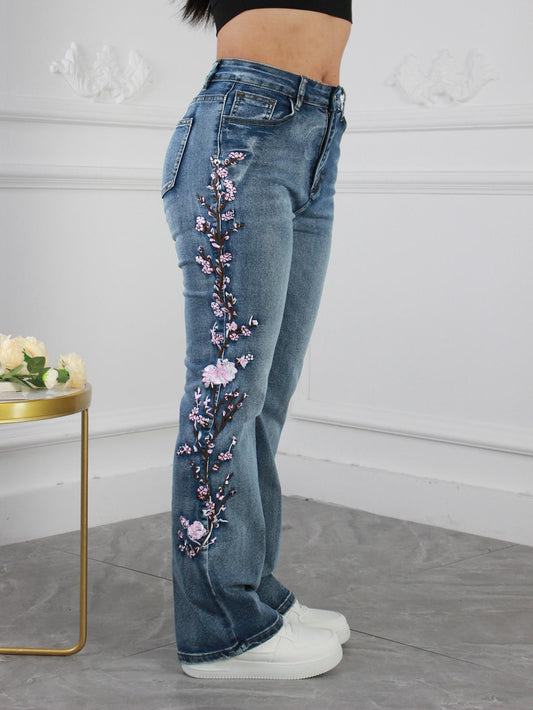Women's High-Waist Flare Jeans - Blue Embroidered – Blue option – main product image