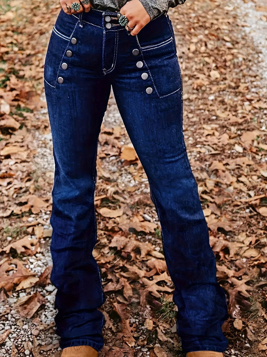 Women's High-Waist Flare Jeans - Dark Blue Button Detail – Blue option – main product image