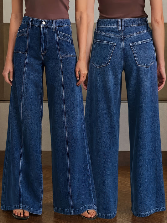 Women's High-Waist Flare Jeans - Dark Blue Button Detail Stretch Streetwear – Blue option – main product image