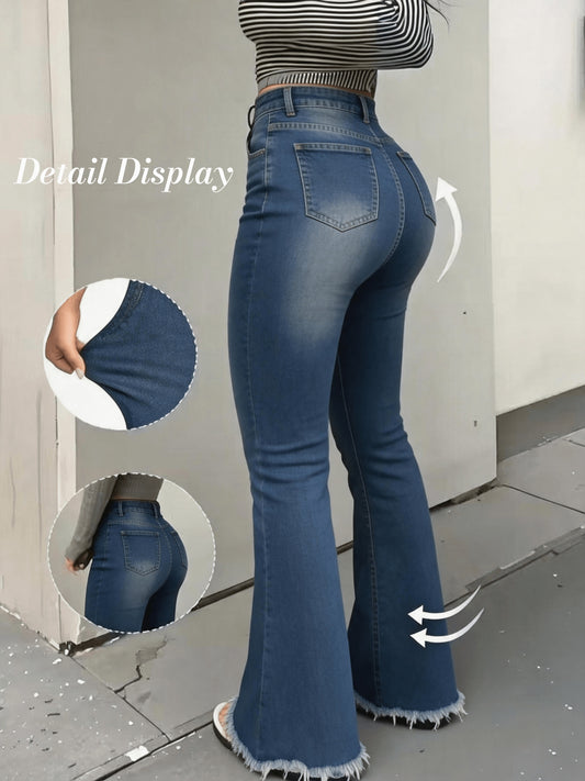 Women's High-Waist Flare Jeans - Medium Blue Dark Wash Distressed – Blue option – main product image