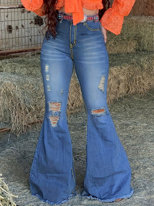 Women's High-Waist Flare Jeans - Medium Blue Distressed Stretch – Blue option – main product image