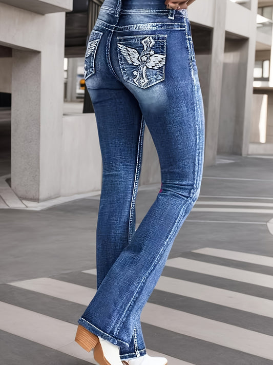 Women's High-Waist Flare Jeans - Peacock Blue Embroidered – Blue option – main product image