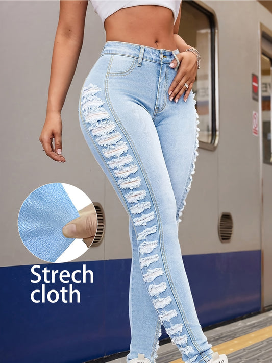 Women's High-Waist Jeans - Bright Steel Blue Distressed Stretch Streetwear – Blue option – main product image
