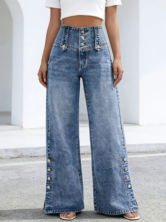Women's High-Waist Jeans - Light Blue Button Detail – Blue option – main product image