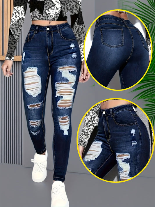Women's High-Waist Skinny Jeans - Blue Distressed Stretch – Blue option – main product image