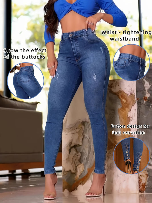 Women's High-Waist Skinny Jeans - Dark Blue Button Detail Stretch – Blue option – main product image