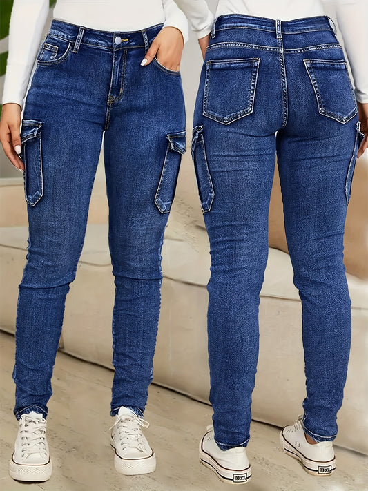 Women's High-Waist Skinny Jeans - Medium Blue Pocket Detail Stretch – Blue option – main product image