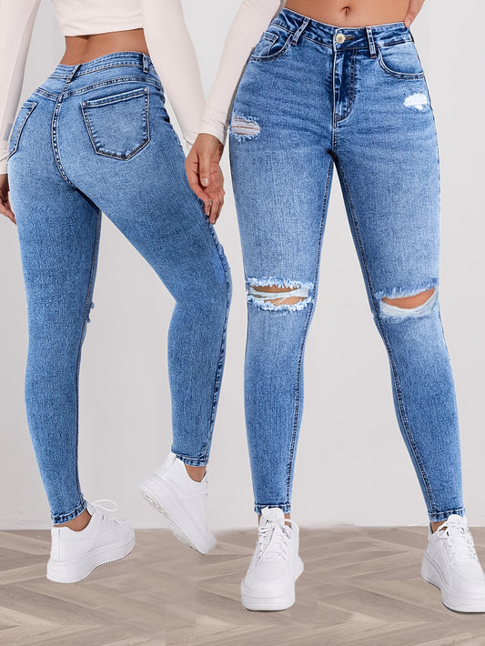 Women's High-Waist Skinny Jeans - Sky Blue Distressed Stretch – Blue option – main product image