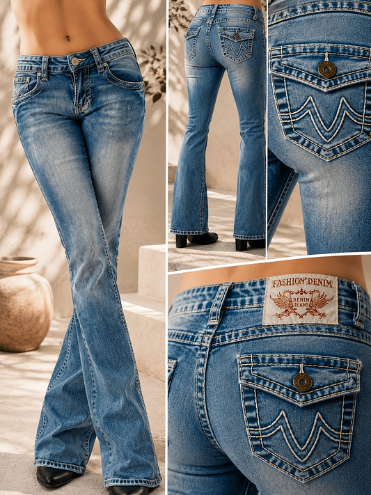 Women's High-Waist Straight Leg Jeans - Blue Embroidered – Blue option – main product image