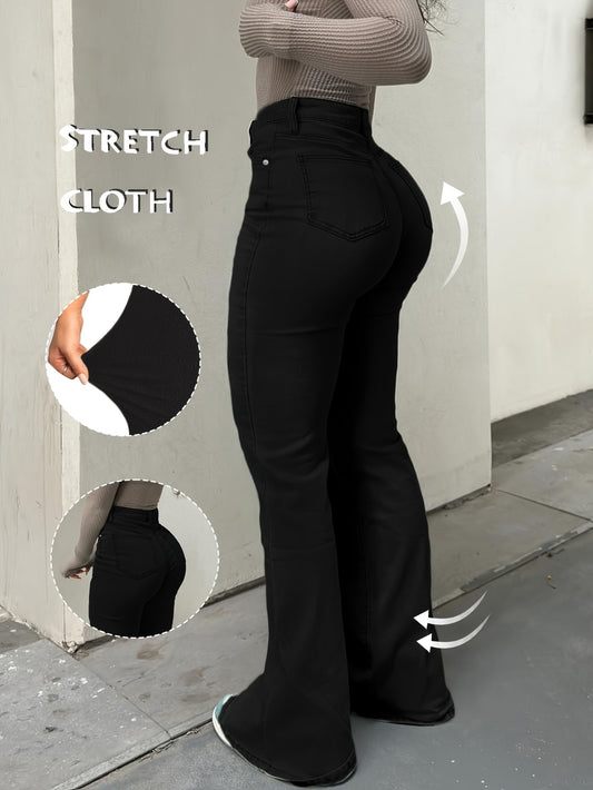 Women's High-Waist Straight Leg Jeans - Dark Blue Button Detail Stretch – Blue option – main product image