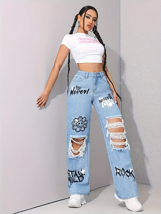 Women's High-Waist Straight Leg Jeans - Light Blue Distressed – Blue option – main product image