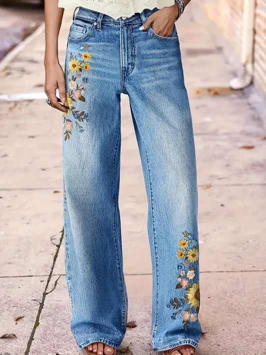 Women's High-Waist Straight Leg Jeans - Light Blue Embroidered – Blue option – main product image