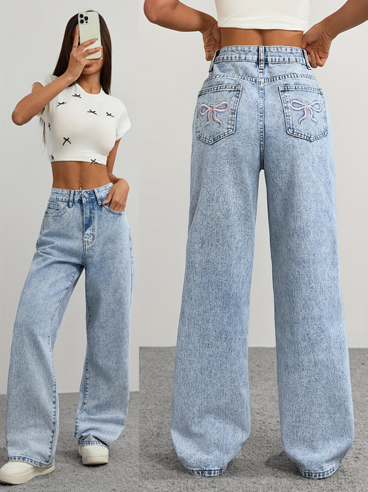 Women's High-Waist Straight Leg Jeans - Light Blue Light Wash Embroidered – Blue option – main product image