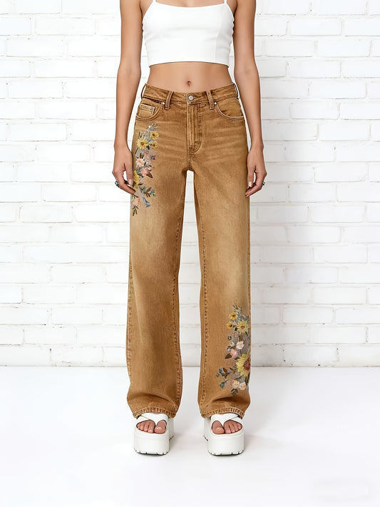 Women's High-Waist Straight Leg Jeans - Light Blue Light Wash Embroidered Casual – Blue option – main product image